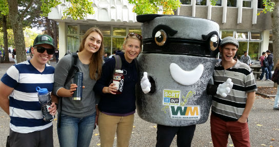 Students with UVic's waste reduction mascot: Muggo